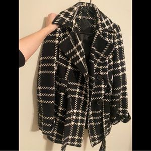 Black and White Plaid Double Breasted Belted Coat